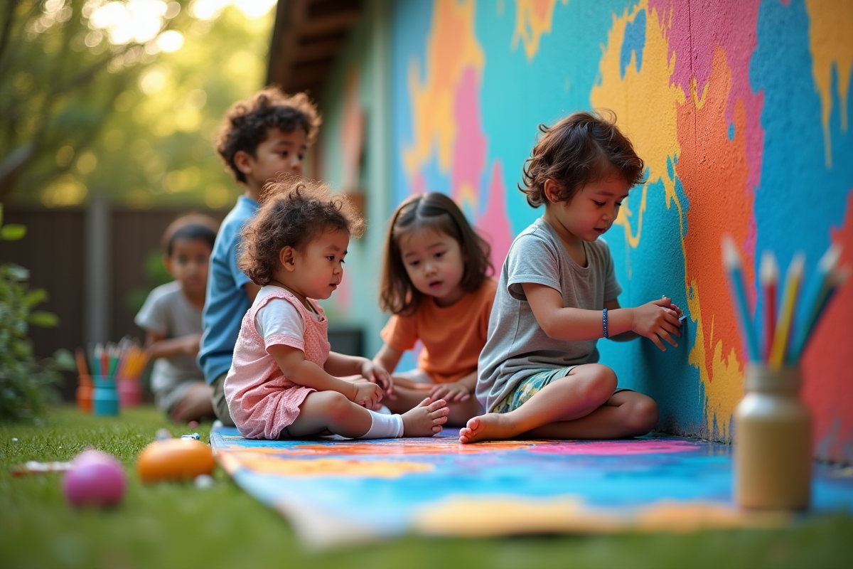 Famille peignant une fresque colorée dans le jardin
