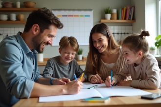 Famille souriante planifiant ensemble dans la cuisine