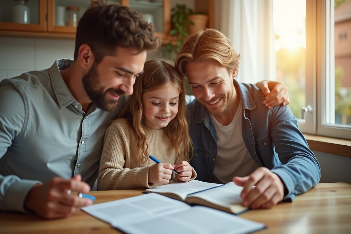 Famille réunie à la table avec Bible et documents financiers