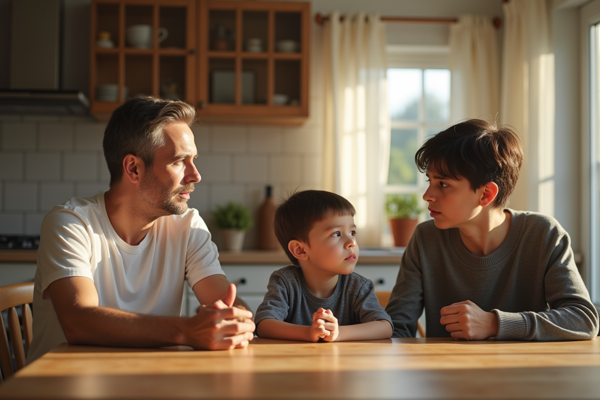 Famille assise à la cuisine avec tension émotionnelle