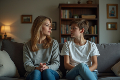 Femme d'âge moyen et adolescent assis sur un canapé