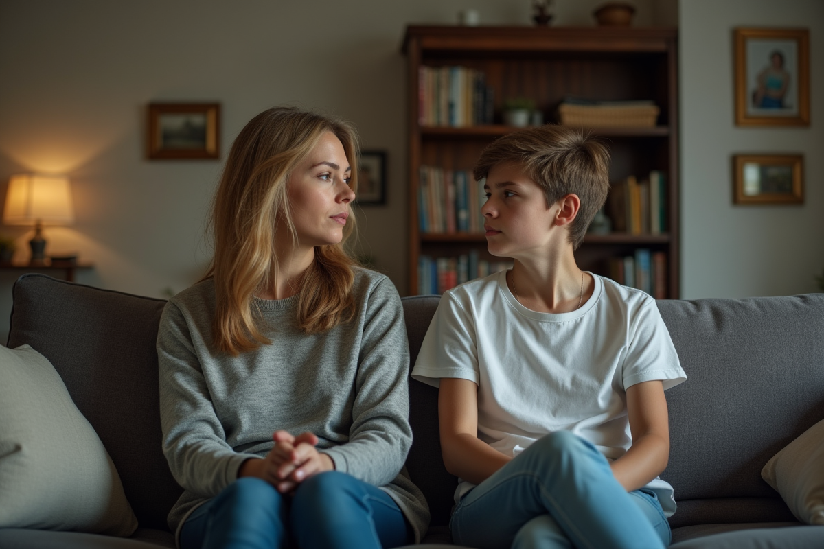 Femme d'âge moyen et adolescent assis sur un canapé