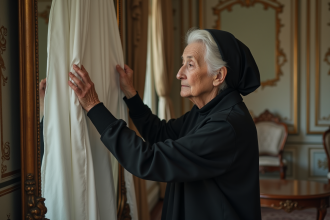 Femme âgée drapant un miroir ancien dans un salon français
