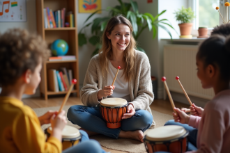 Femme moyenne âge guide enfants percussion dans centre communautaire