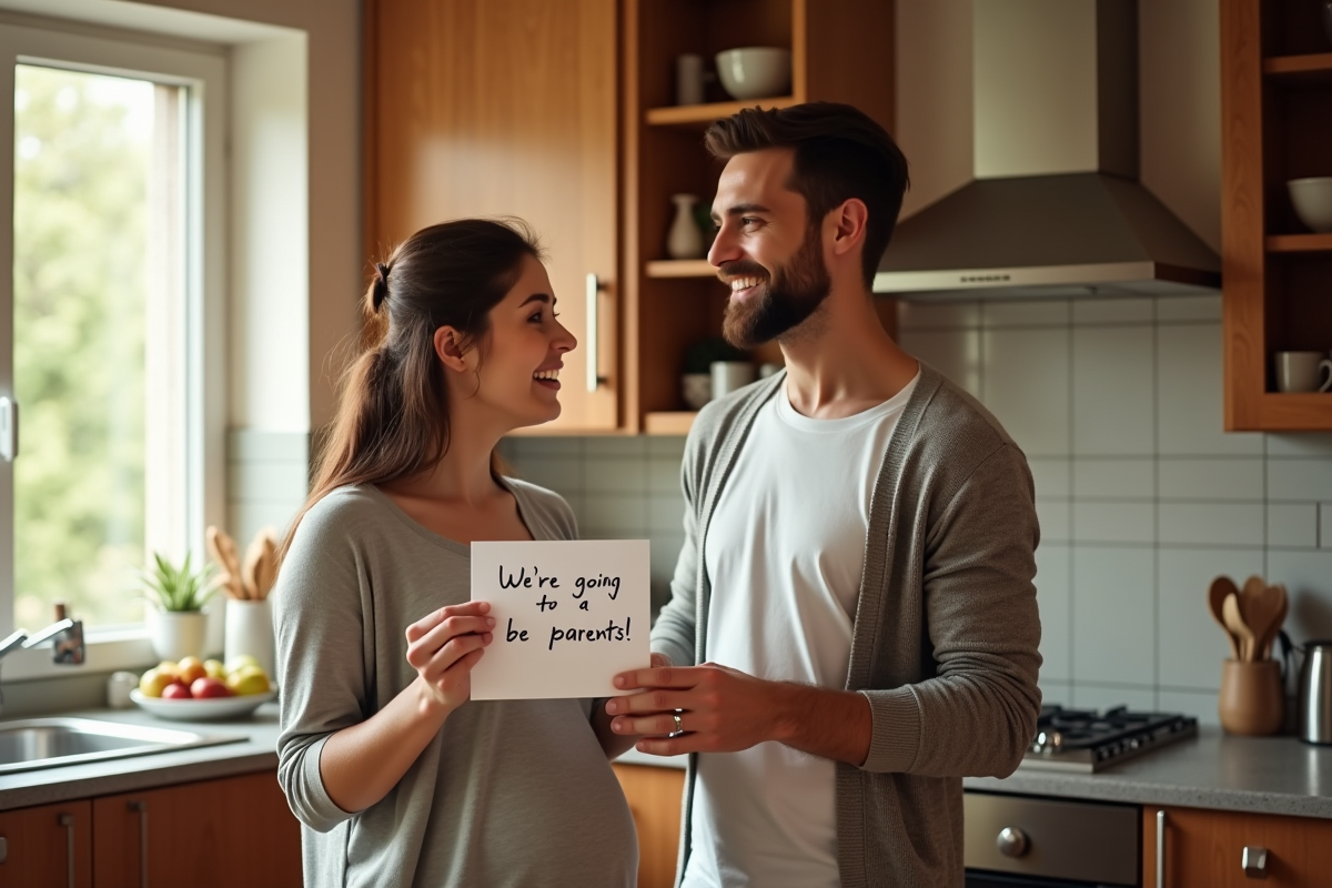 Femme tenant une note annonçant une grossesse dans la cuisine