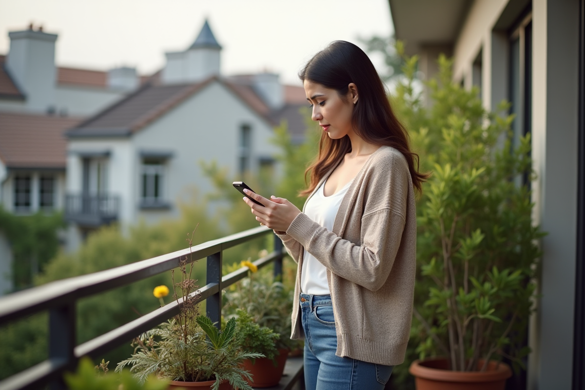 Femme réfléchissant sur son smartphone sur un balcon urbain