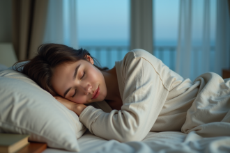 Jeune femme en pyjamas repose paisiblement dans son lit