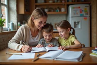 Femme aidant deux enfants à organiser leurs devoirs à la maison