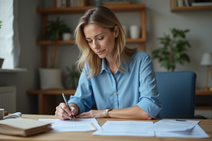 Femme d'une quarantaine remplissant des papiers &agrave; la maison