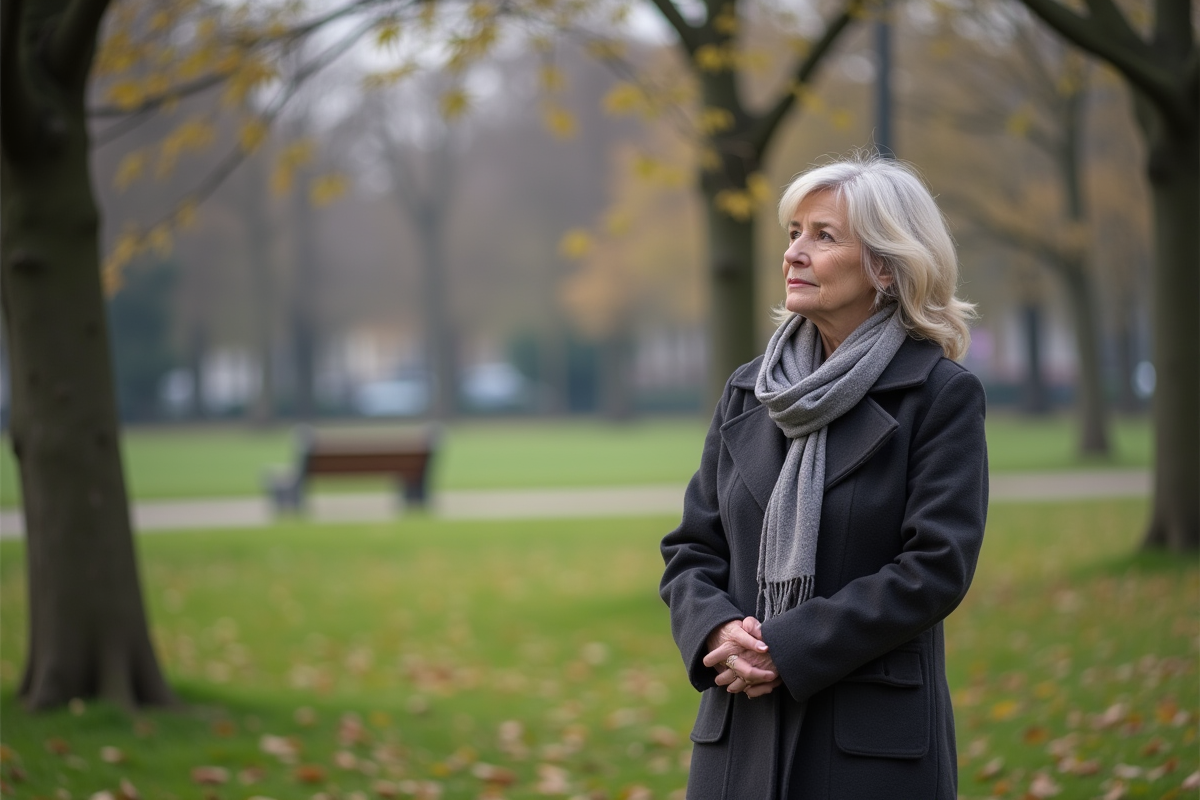 Femme dans un parc au printemps regardant au loin pensivement