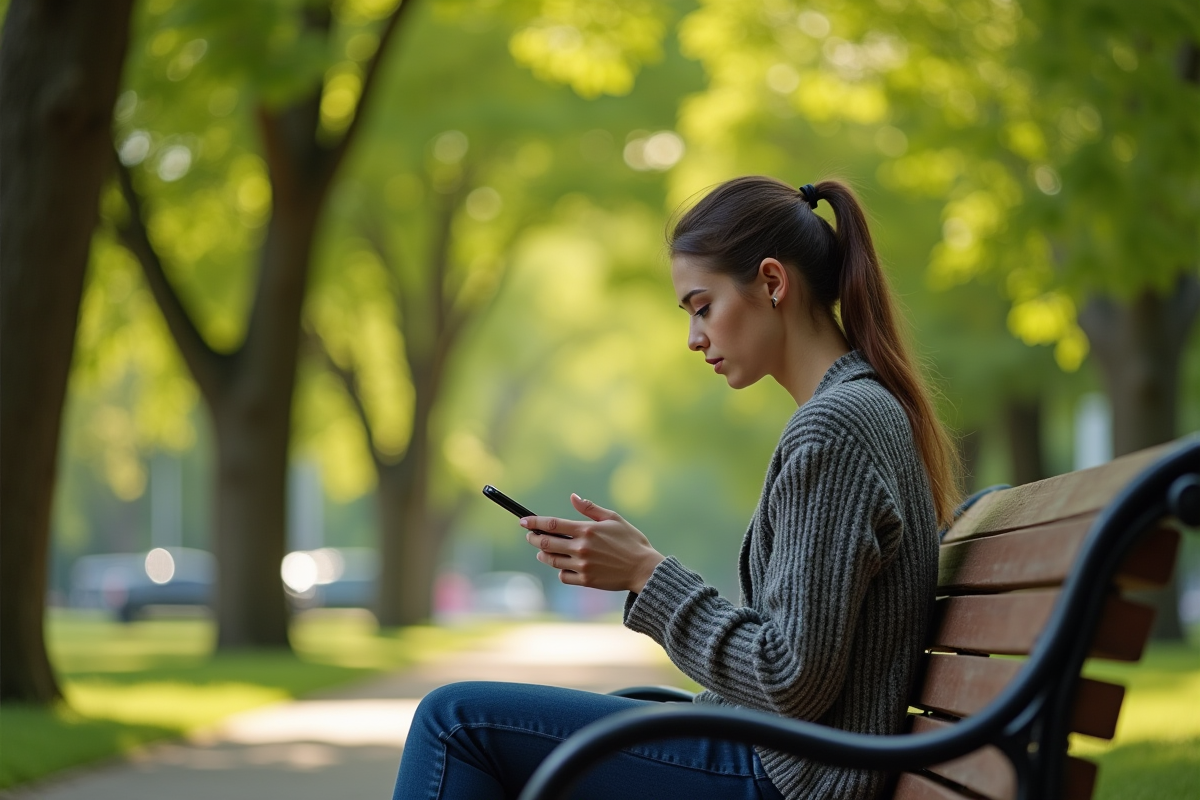 Jeune femme assise sur un banc dans un parc en journée