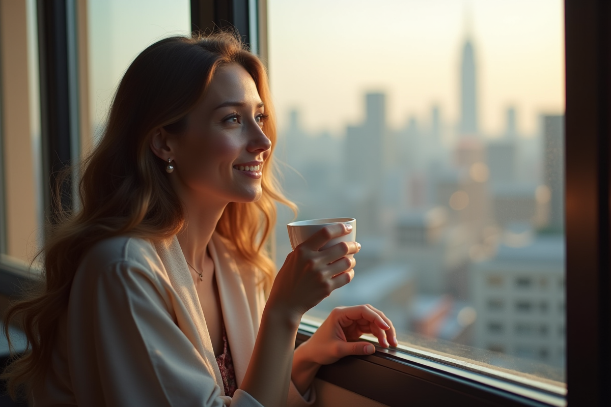 Femme pensante assise près d'une fenêtre avec café et vue urbaine