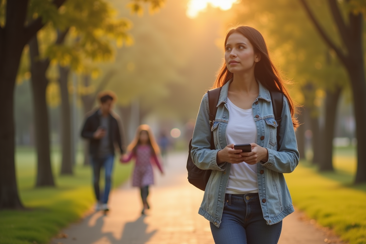 Jeune femme marche dans un parc en réflexion