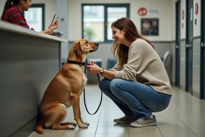 Femme avec chien dans un refuge animalier