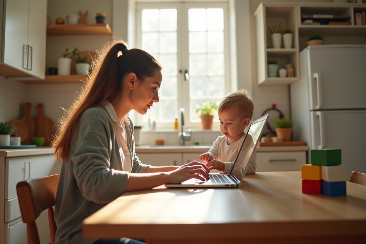 Jeune femme professionnelle travaillant sur son ordinateur dans une cuisine lumineuse