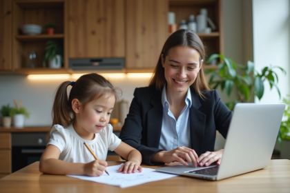 Femme professionnelle et enfant travaillant &agrave; la maison