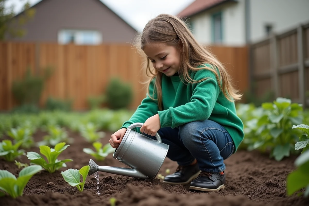Fille arrosant un petit jardin en backyard