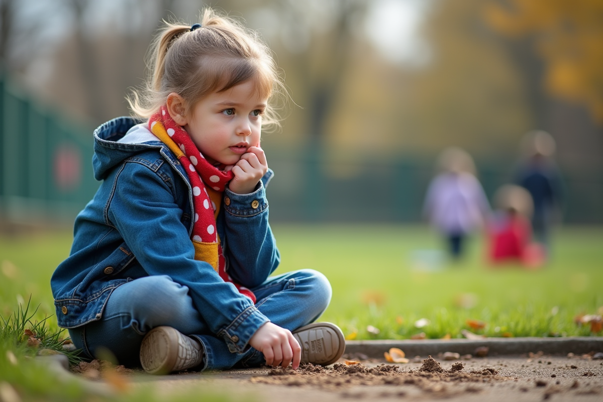 Fille de 10 ans assise dans la cour de récréation