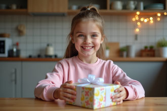 Fille souriante de huit ans déballant un cadeau d'anniversaire