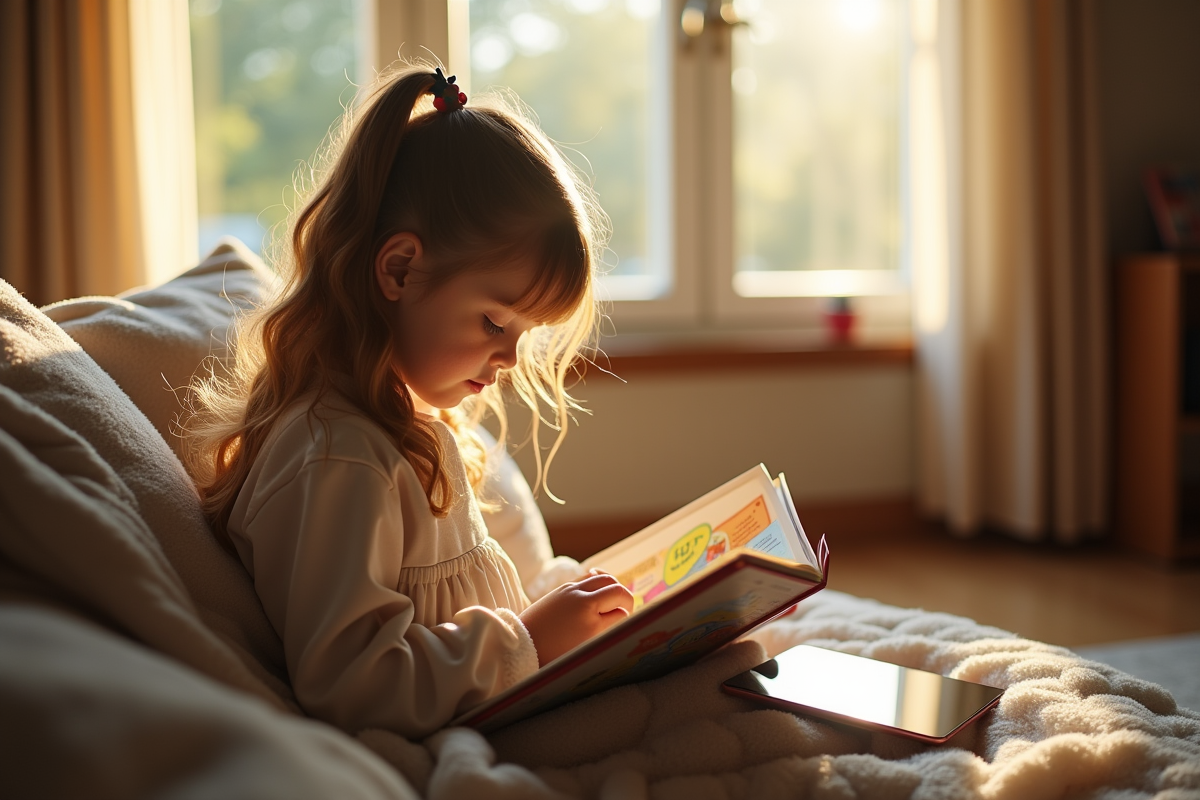 Jeune fille lisant un livre coloré dans un salon cosy