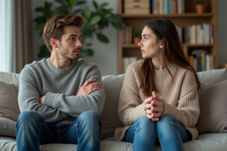 Frère et sœur discutant dans un salon moderne
