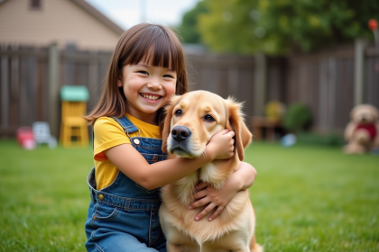 Fille souriante avec chien dans le jardin