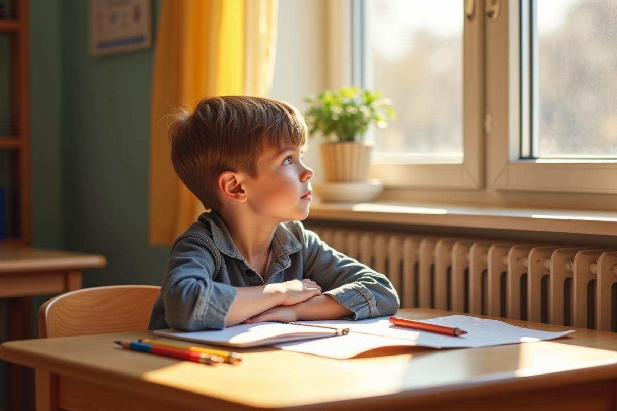 Jeune garçon pensif à son bureau ensoleille