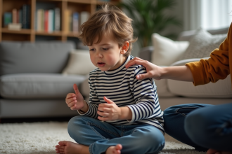 Garçon de 6 ans inquiet avec adulte rassurant dans un salon