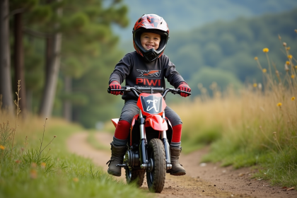 Garçon de huit ans souriant en motocross avec casque et gants