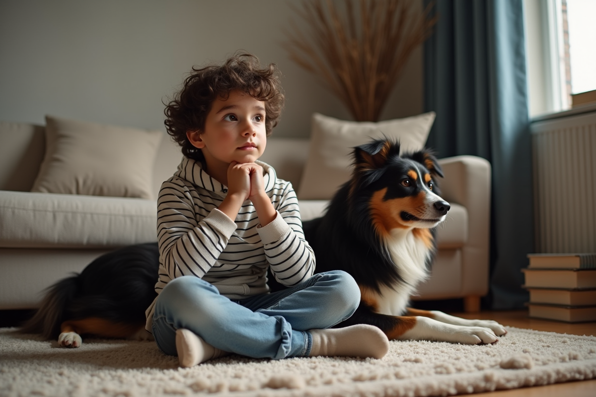 Garçon pensif avec collie dans le salon