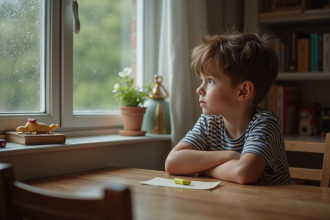 Garçon de 8 ans pensif regardant par la fenêtre