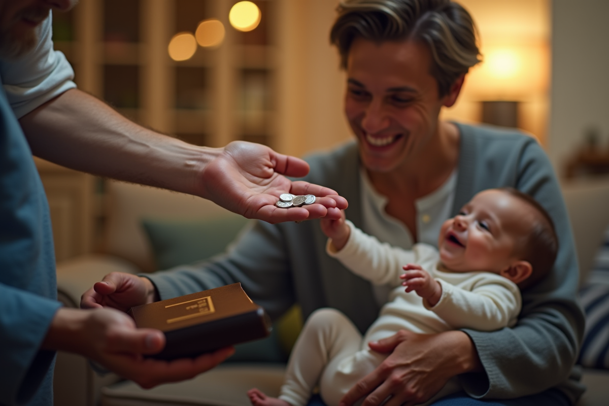 Main âgée donnant des pièces et Bible à un parent avec bébé