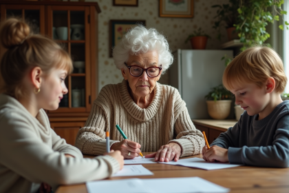 Grand-mère et petits-enfants partageant leurs devoirs
