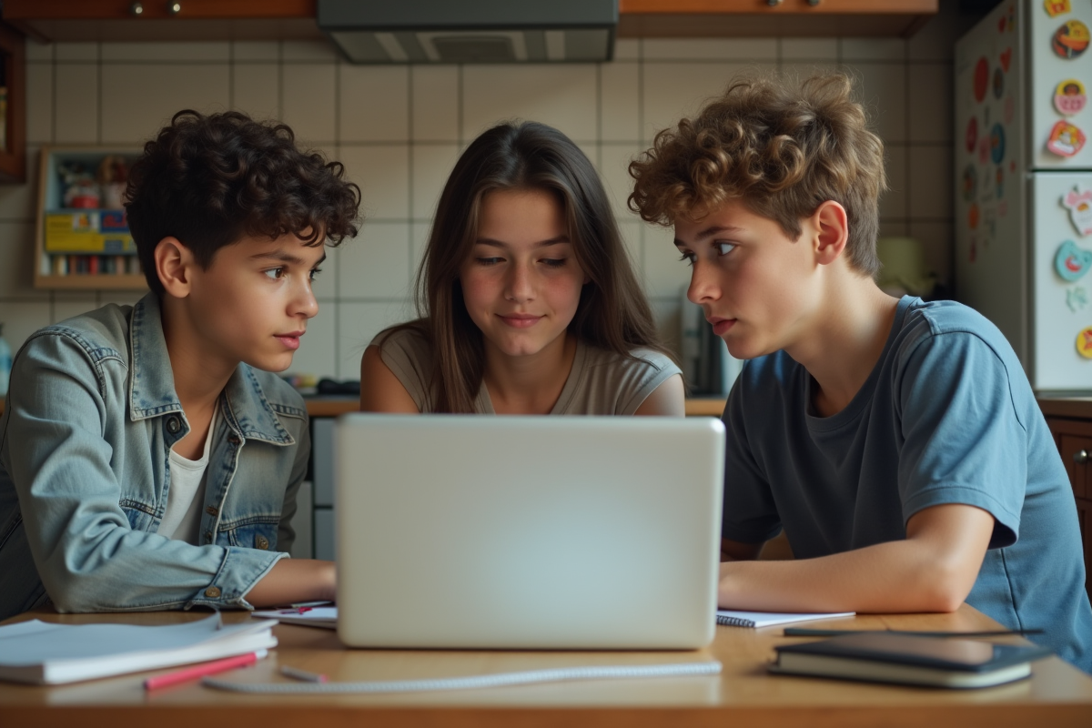 Trois adolescents collaborent autour d une table de cuisine