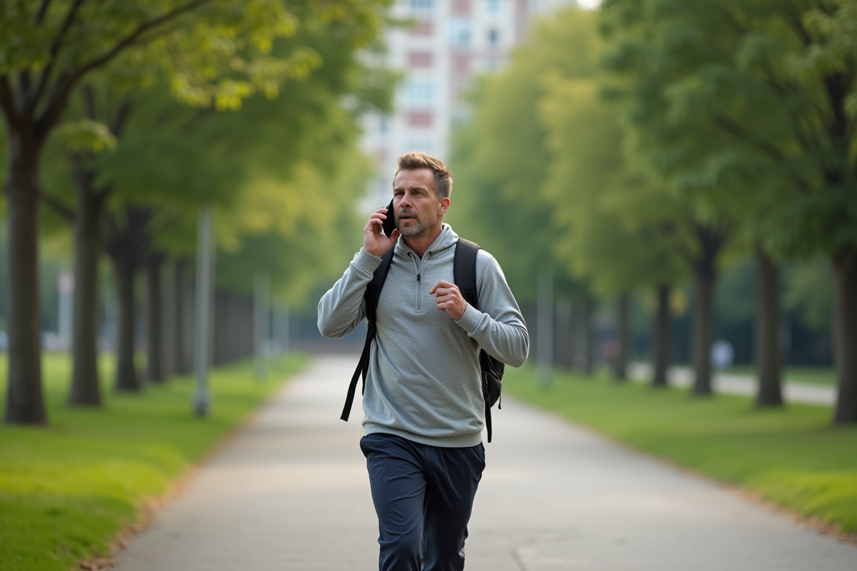 Homme courant dans un parc urbain en pleine nature