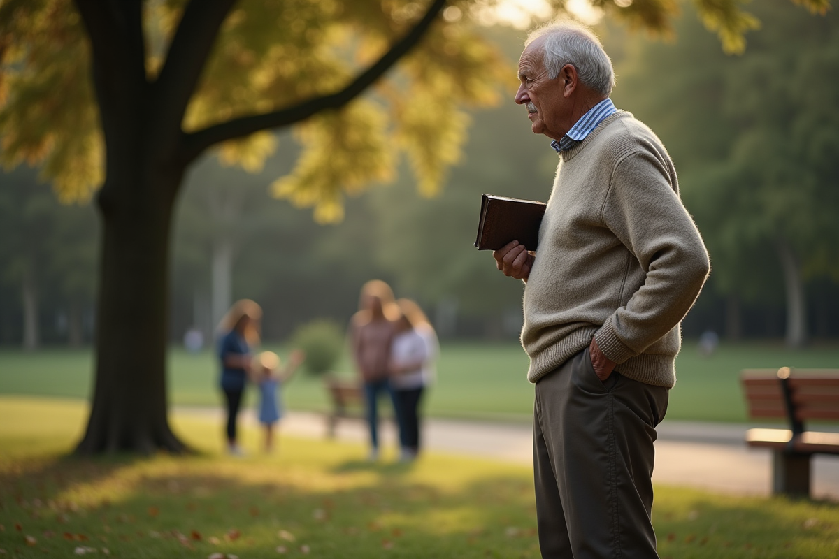 Homme âgé regardant un groupe dans un parc