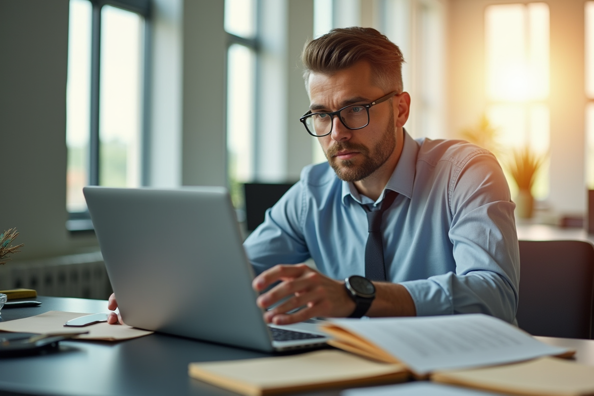Homme professionnel choisissant un dossier au bureau ensoleille