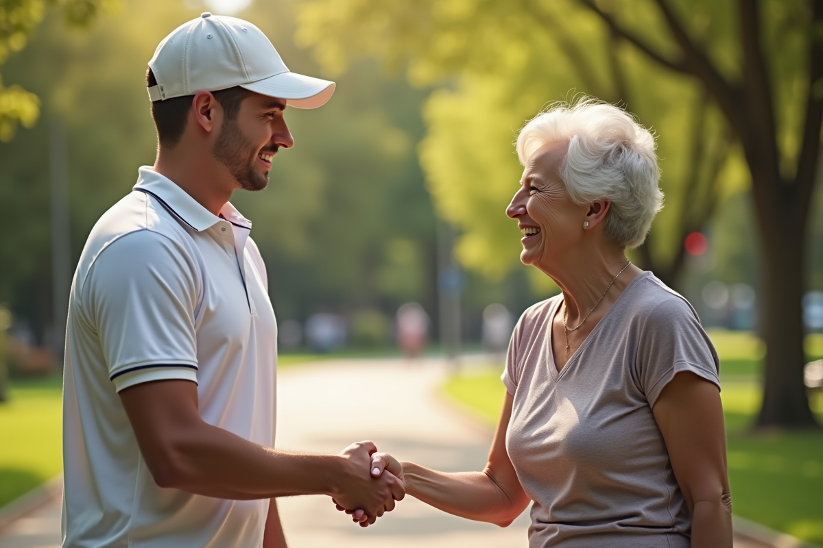 Jeune homme avec casquette saluant une femme âgée dans un parc urbain