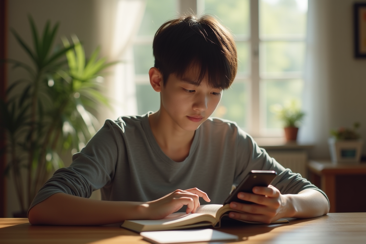 Jeune adulte lisant un livre dans une ambiance paisible