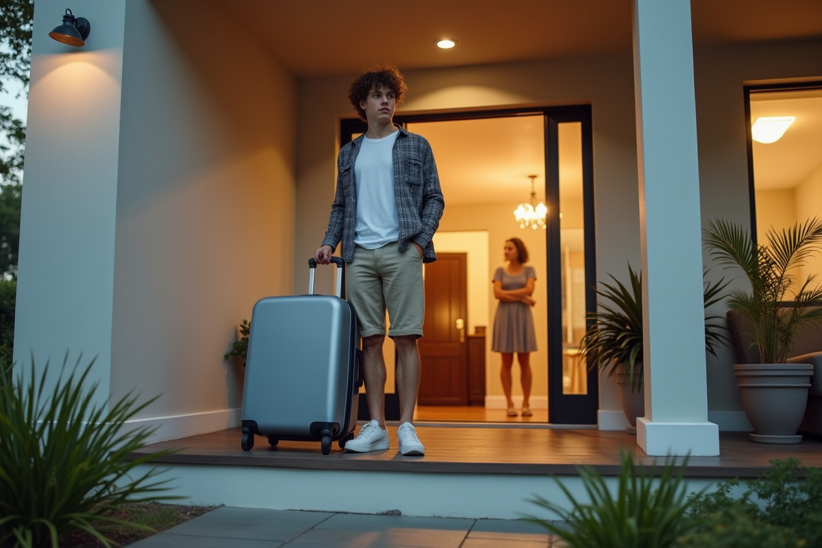 Jeune adulte avec valise devant une maison moderne