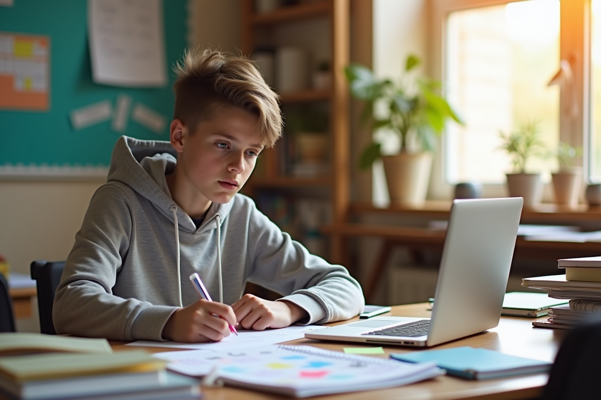 Jeune étudiant concentré à son bureau organisé pour étudier