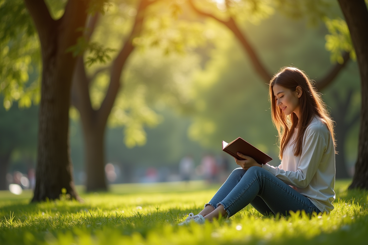 Jeune femme lisant dans un parc ensoleille