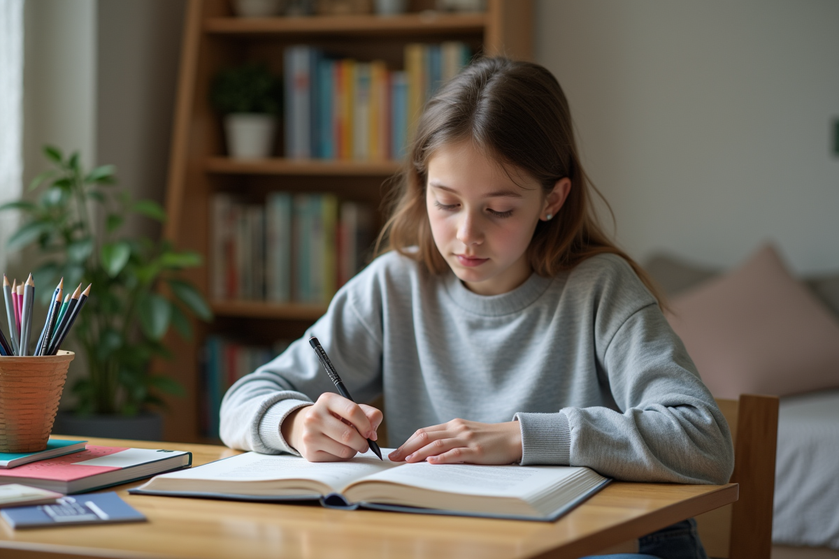 Jeune fille en sweat et jeans étudie dans sa chambre