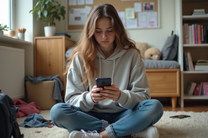 Jeune fille de 16 ans assise sur le sol de sa chambre en pensant