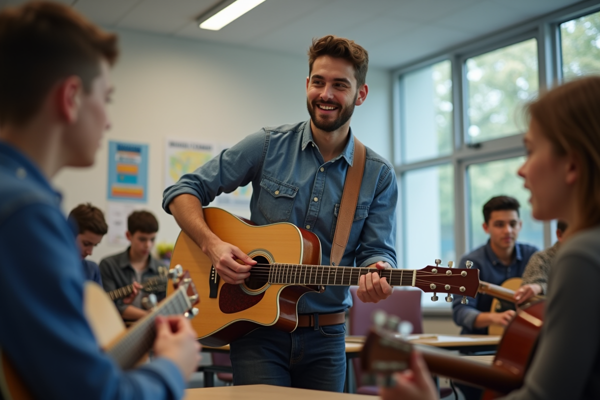 Jeune homme montre accords de guitare à des adolescents en classe