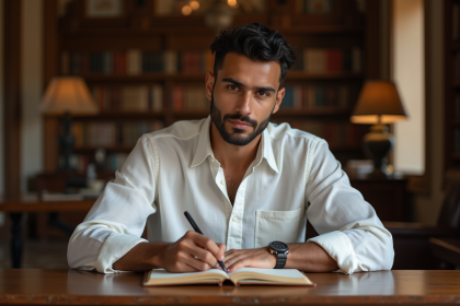 Jeune homme nord-africain écrit dans un journal dans une bibliothèque chaleureuse