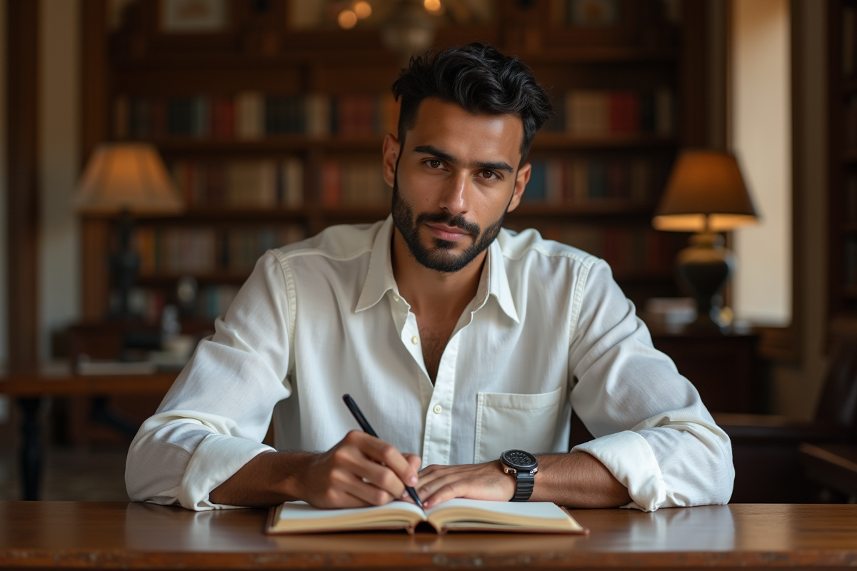 Jeune homme nord-africain écrit dans un journal dans une bibliothèque chaleureuse