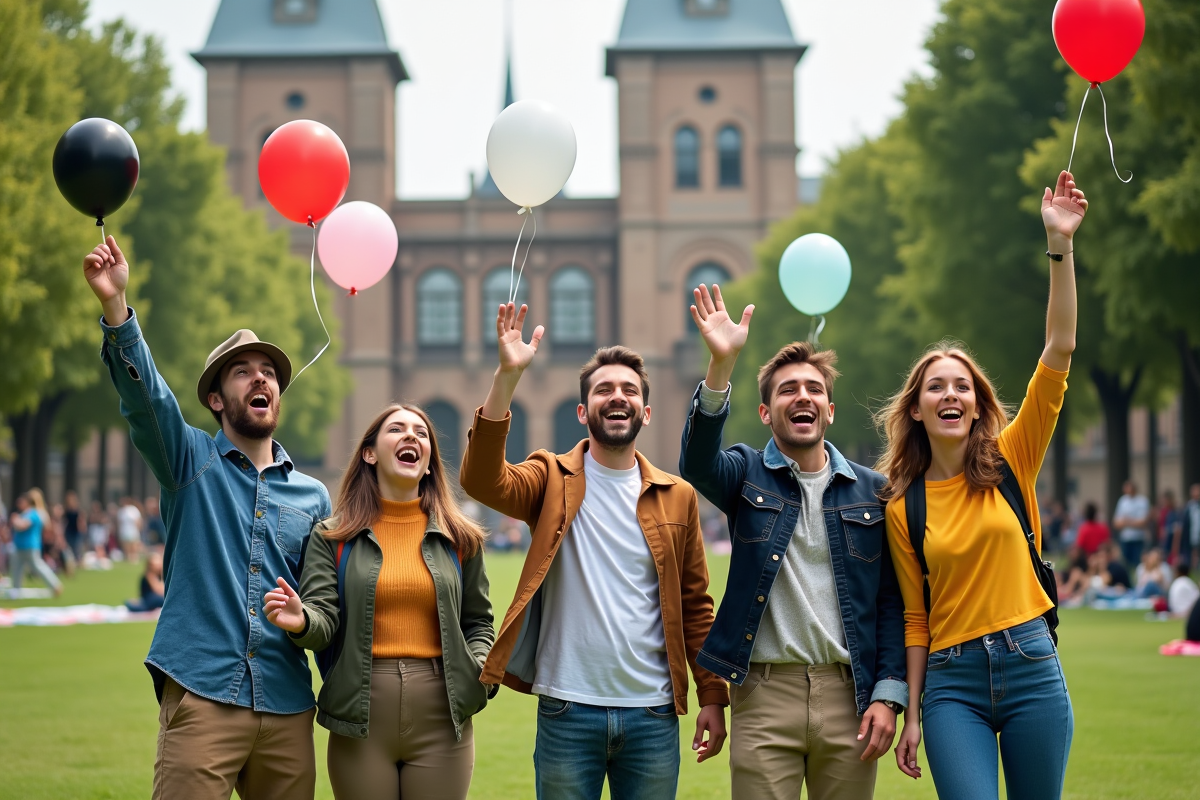 Jeunes adultes libérant des ballons colorés dans un parc