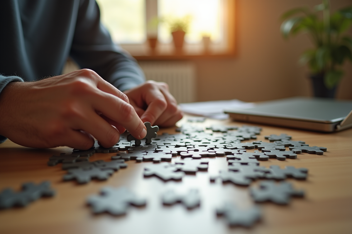 Mains posant la dernière pièce d'un puzzle sur une table en bois