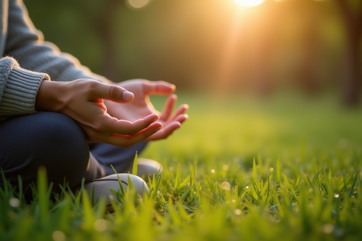 Mains calmes reposant sur les genoux dans un parc au matin